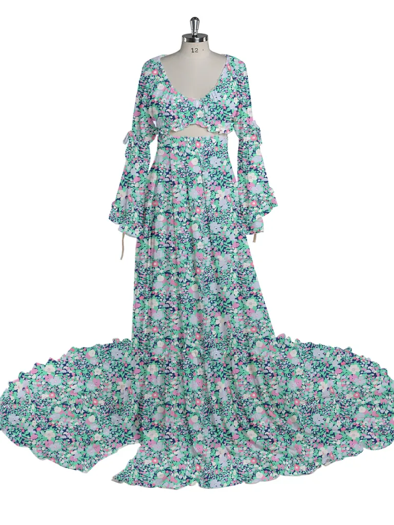 2 Piece Set Boho Dress V Neck Printed Dresses Photography Baby Shower Dress for Pregnant Woman YD211008