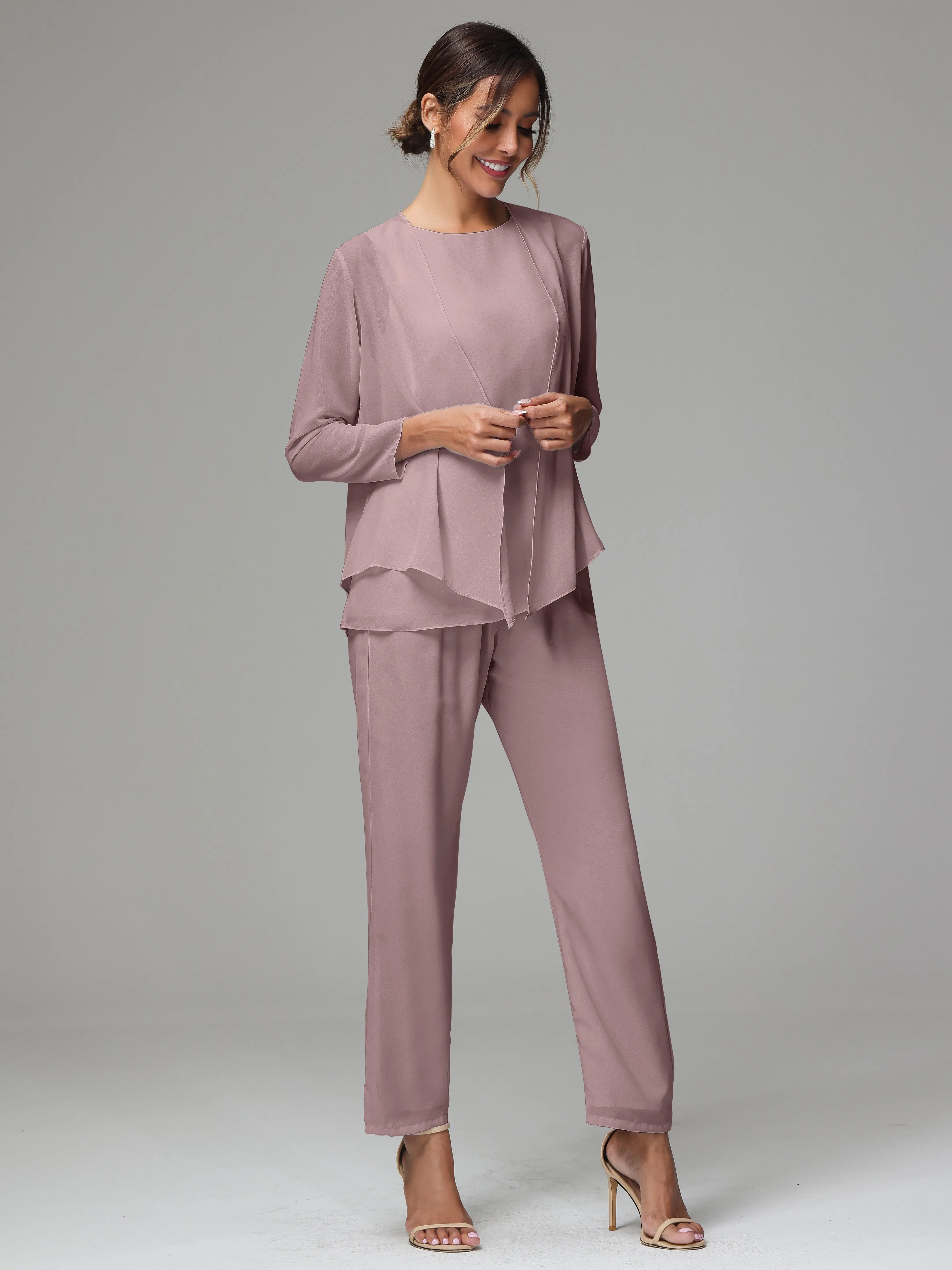 3 Pieces Long Sleeves Chiffon Mother Of The Bride Dress Pants Suits