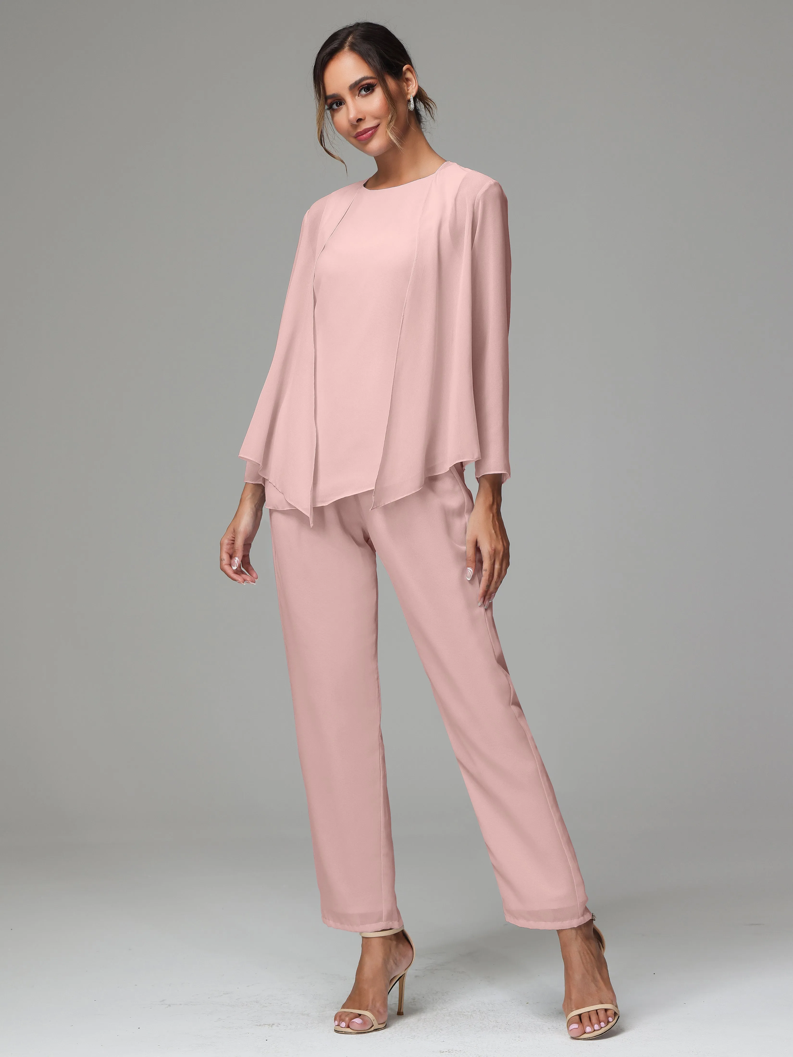 3 Pieces Long Sleeves Chiffon Mother Of The Bride Dress Pants Suits