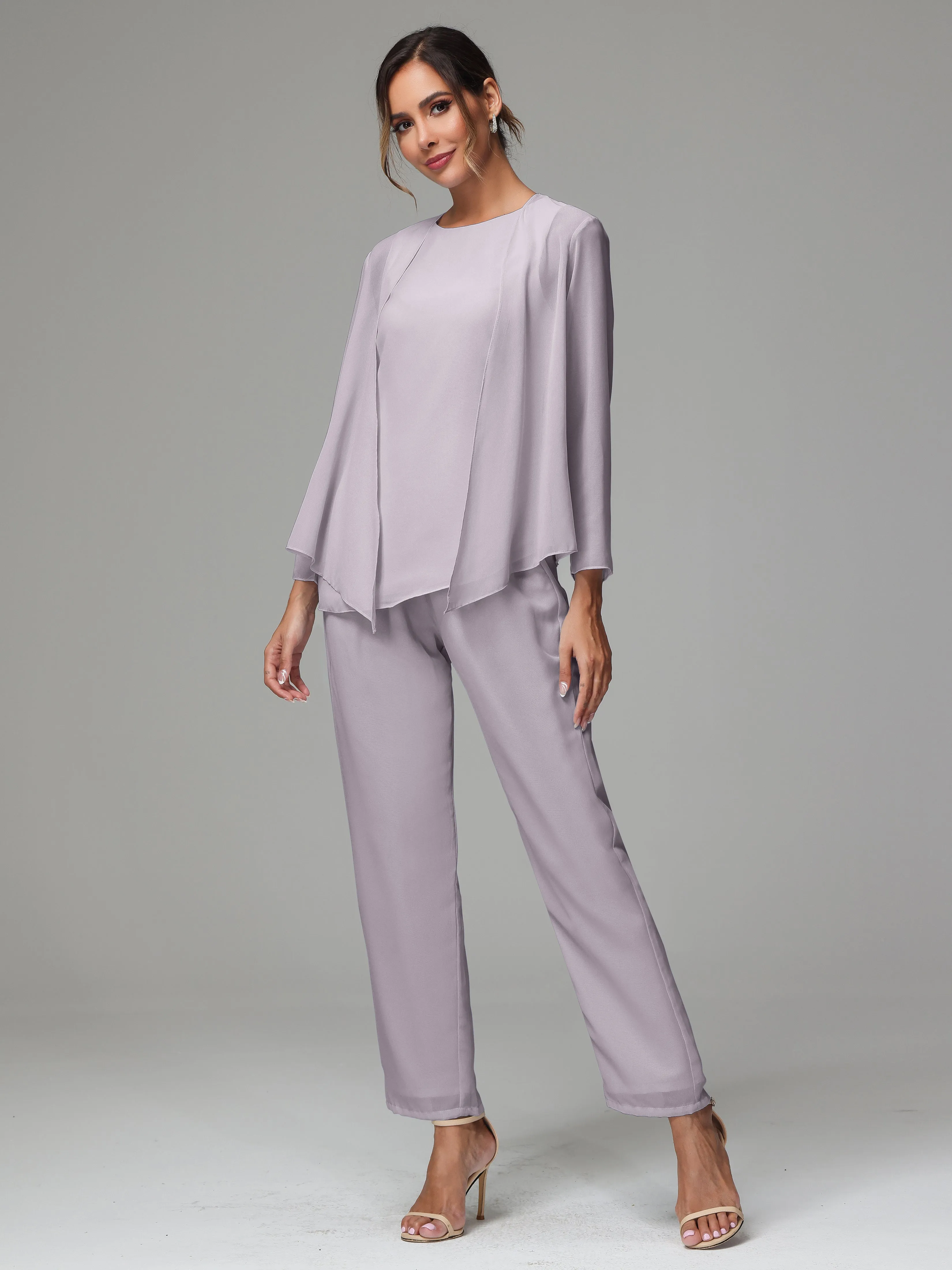 3 Pieces Long Sleeves Chiffon Mother Of The Bride Dress Pants Suits