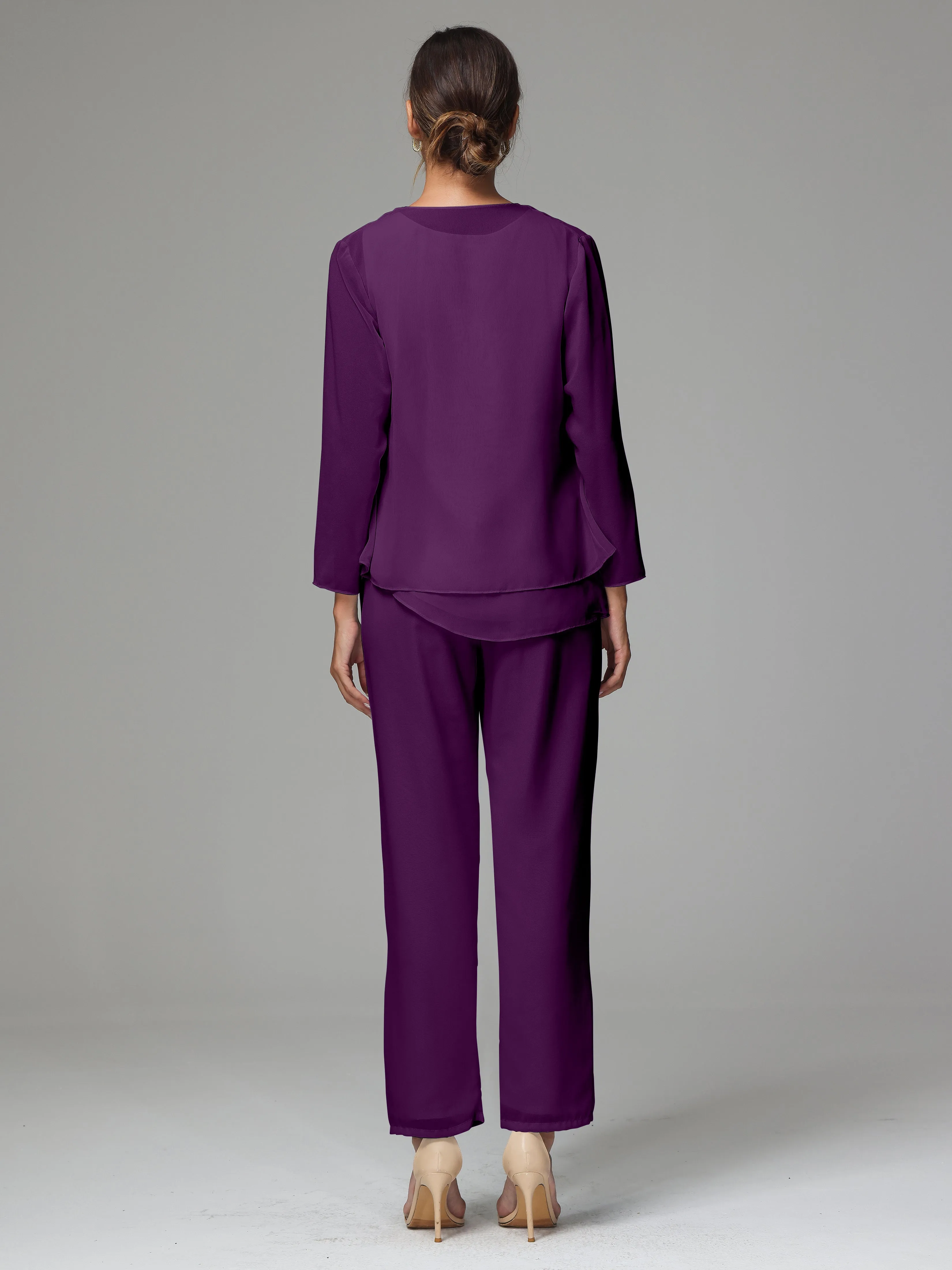 3 Pieces Long Sleeves Chiffon Mother Of The Bride Dress Pants Suits