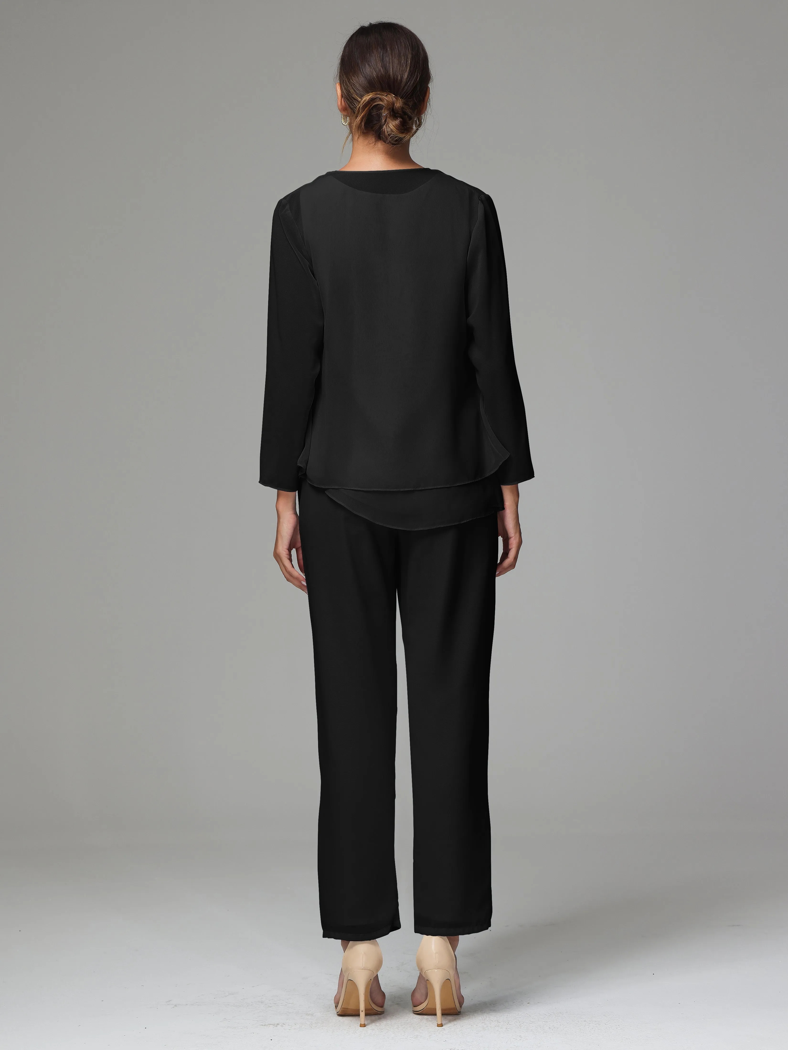 3 Pieces Long Sleeves Chiffon Mother Of The Bride Dress Pants Suits