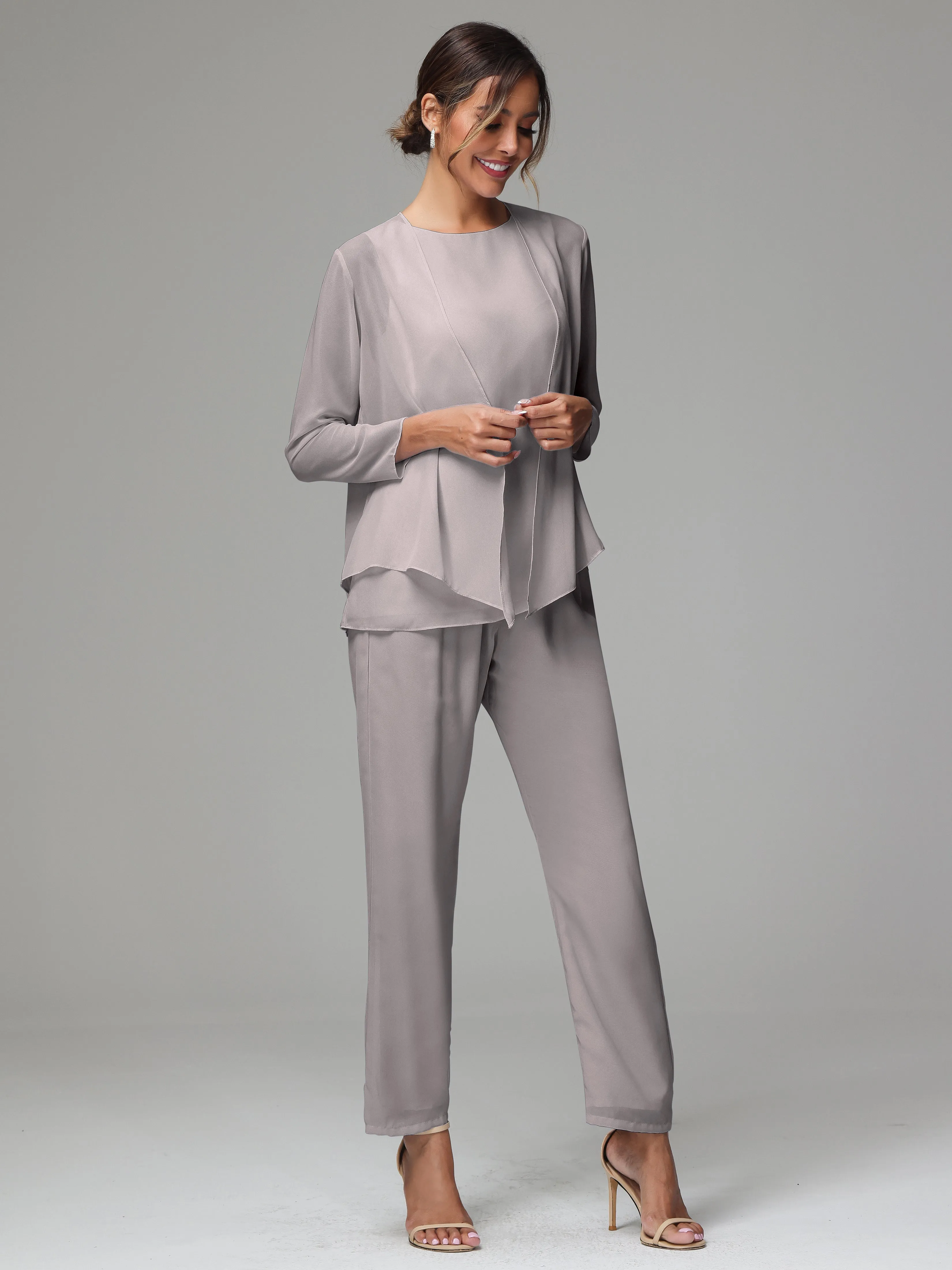 3 Pieces Long Sleeves Chiffon Mother Of The Bride Dress Pants Suits