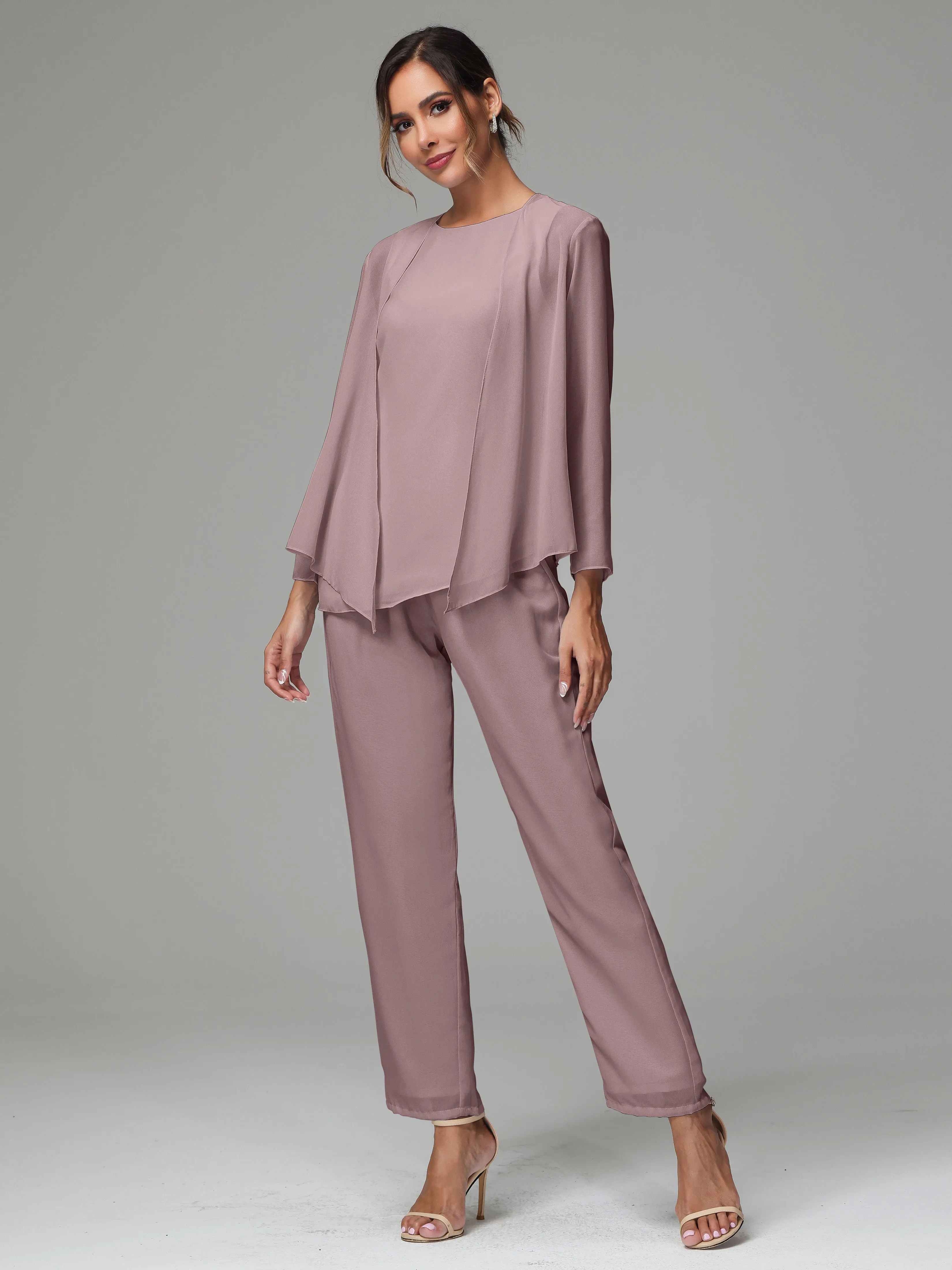 3 Pieces Long Sleeves Chiffon Mother Of The Bride Dress Pants Suits