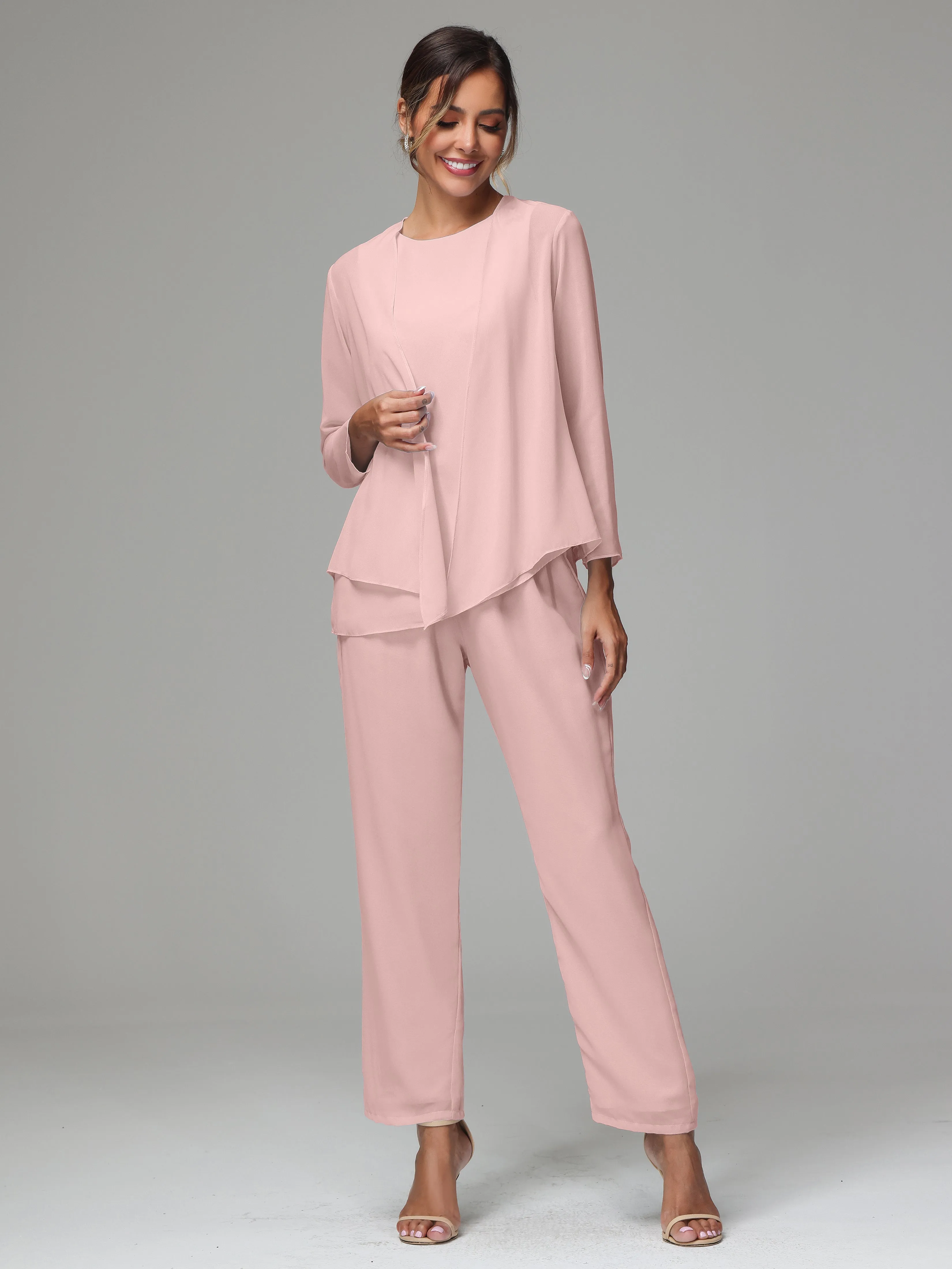 3 Pieces Long Sleeves Chiffon Mother Of The Bride Dress Pants Suits