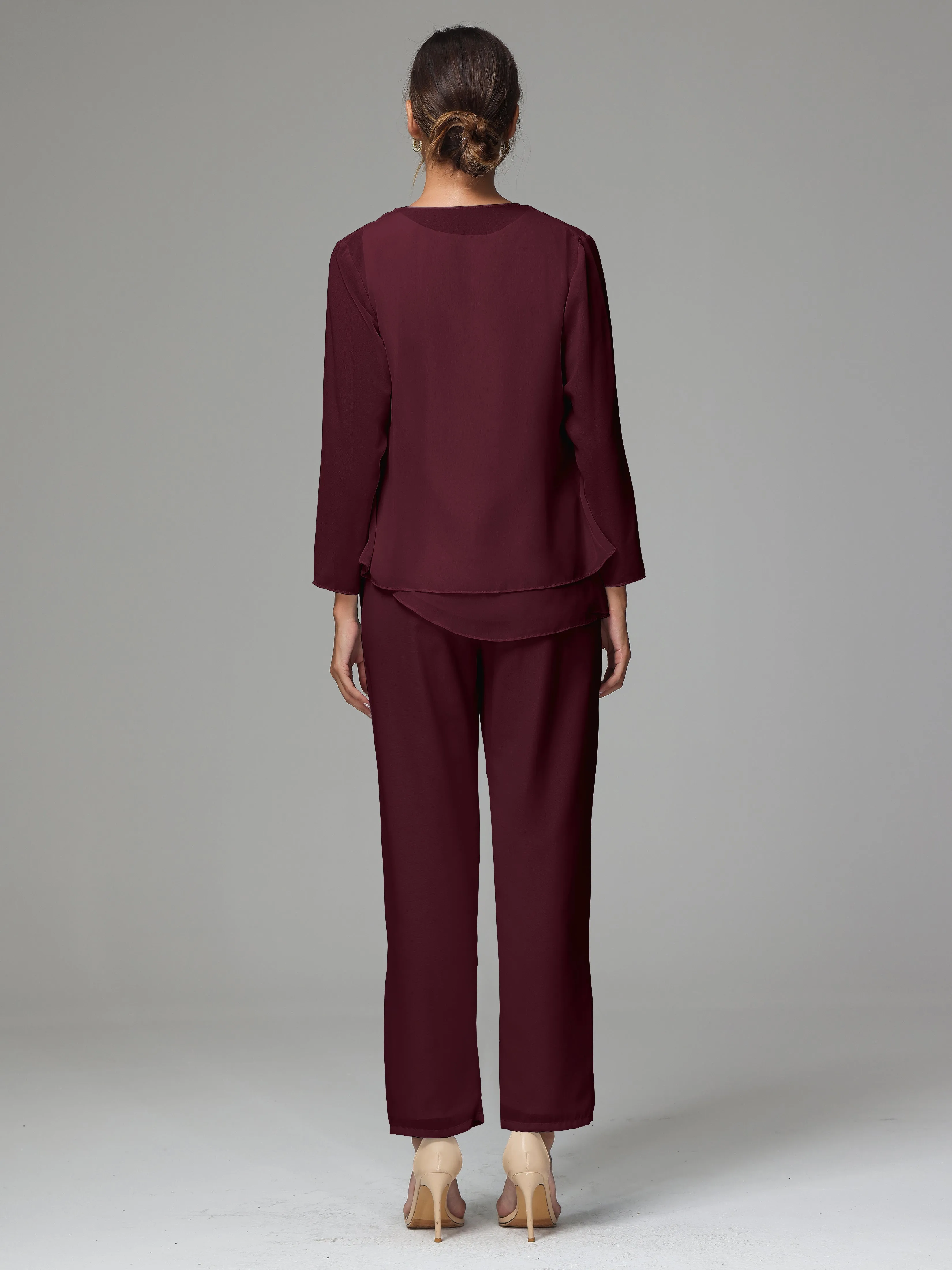 3 Pieces Long Sleeves Chiffon Mother Of The Bride Dress Pants Suits