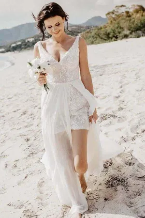 A-line V-neck Detachable Train Summer Bridal Gown, Beach Wedding Dress, MW740