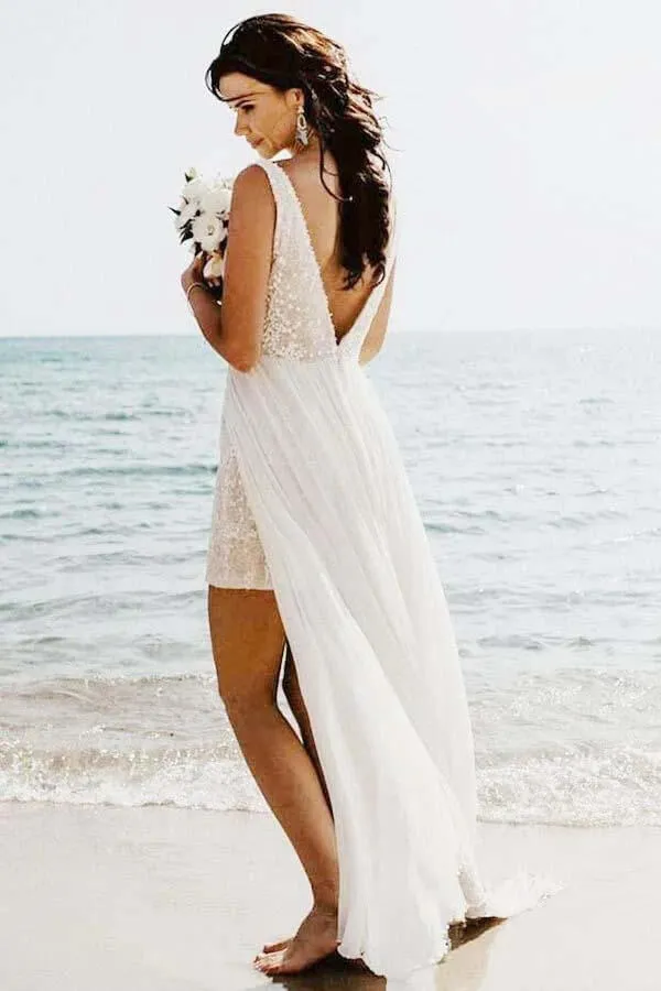 A-line V-neck Detachable Train Summer Bridal Gown, Beach Wedding Dress, MW740