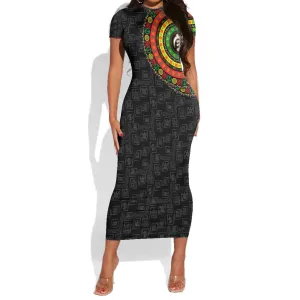Adinkra Symbols Short Sleeve Bodycon Dress African Culture DT02
