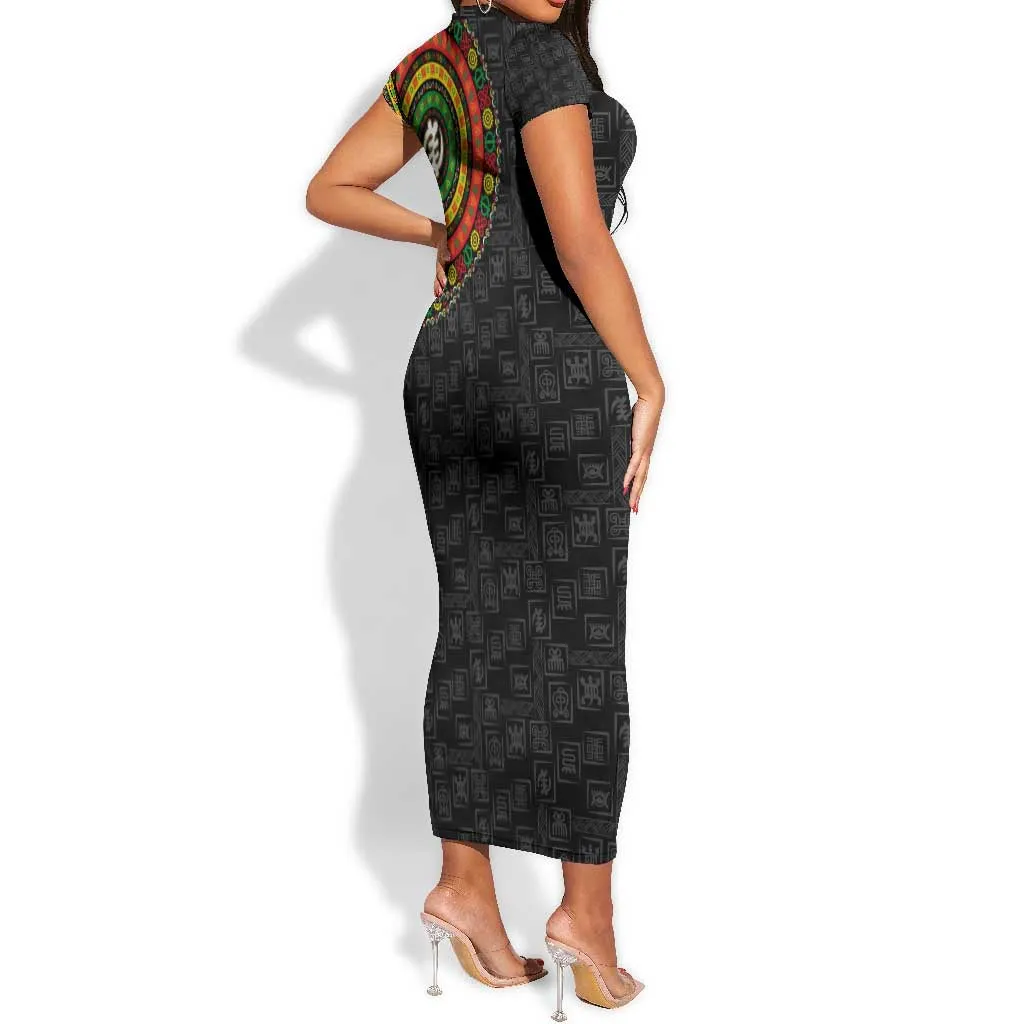 Adinkra Symbols Short Sleeve Bodycon Dress African Culture DT02