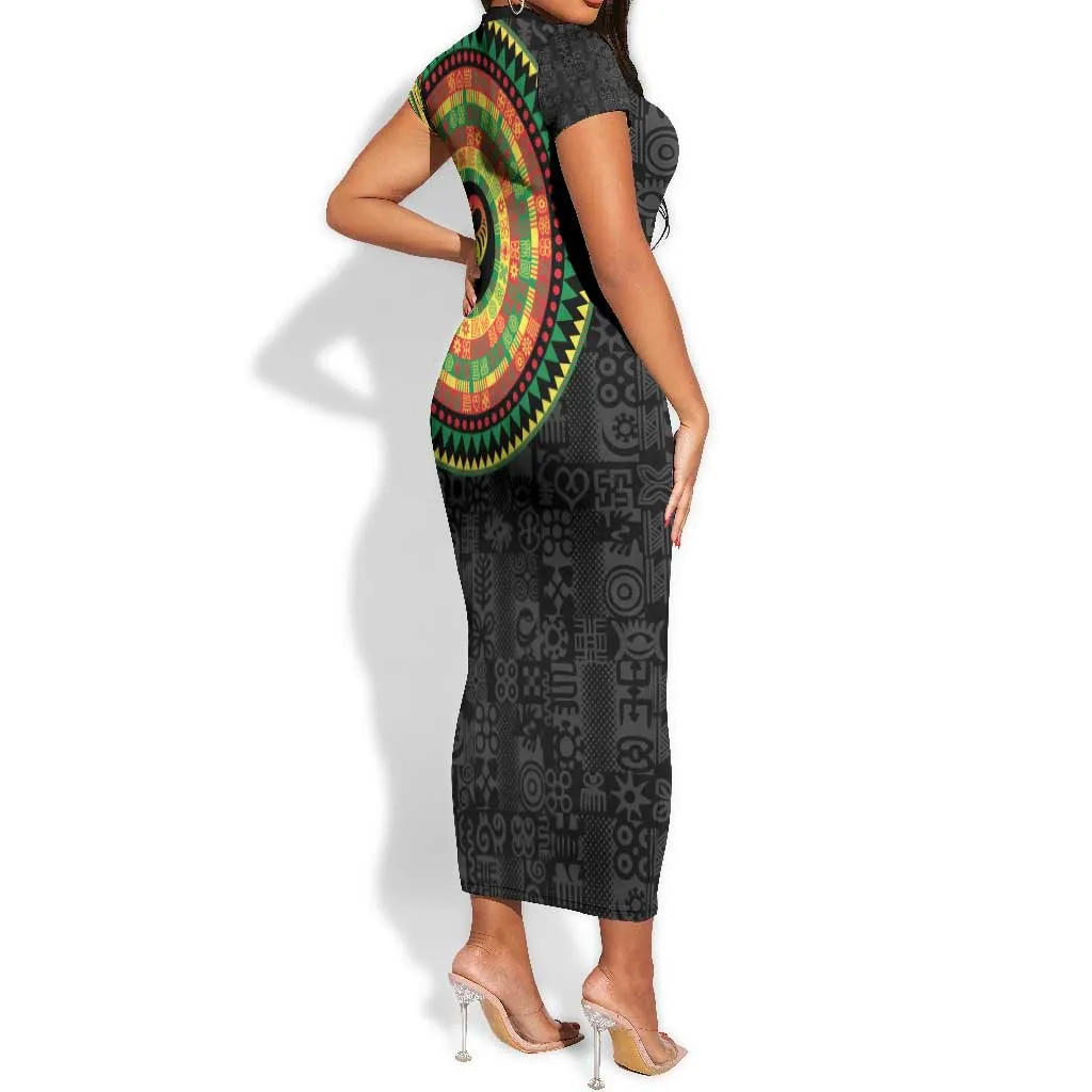 African Sankofa Bird Short Sleeve Bodycon Dress Adinkra Symbols - Chest Arm Tattoo LT15