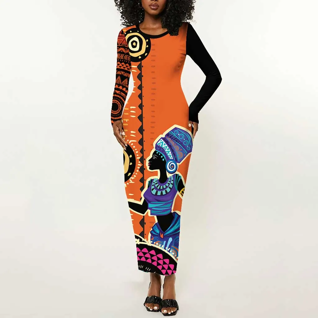 African Woman In Ethnic Dress Long Sleeve Bodycon Dress Ethnic Geometric Patterns LT18