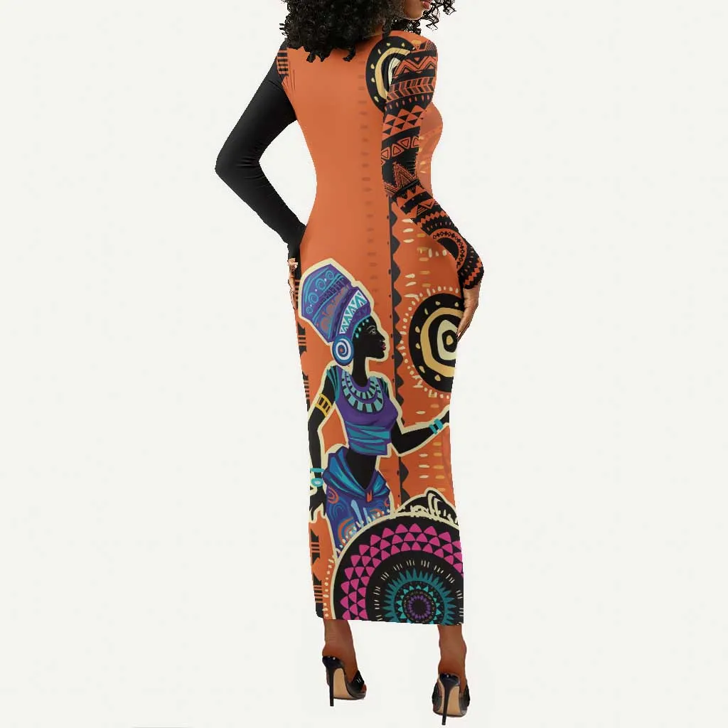 African Woman In Ethnic Dress Long Sleeve Bodycon Dress Ethnic Geometric Patterns LT18