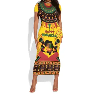 Afro-Americans Kwanzaa Short Sleeve Bodycon Dress African Pattern LT15