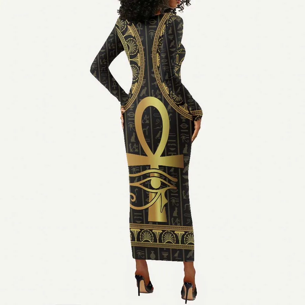 Afro Ancient Egypt Ankh and Eye Of Horus Long Sleeve Bodycon Dress Egyptian Hieroglyphs LT14