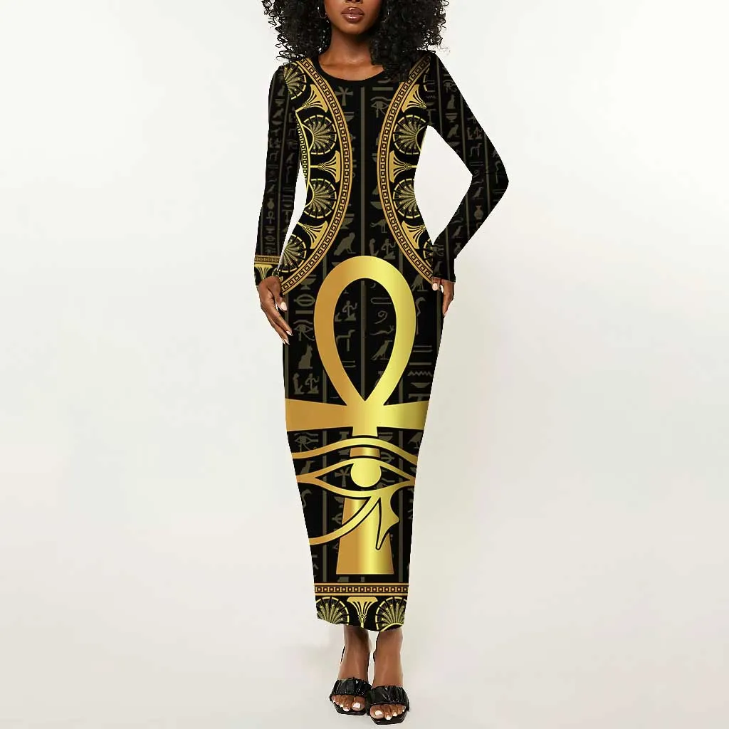 Afro Ancient Egypt Ankh and Eye Of Horus Long Sleeve Bodycon Dress Egyptian Hieroglyphs LT14