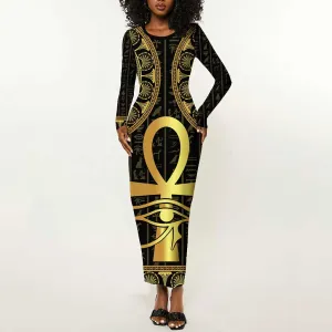 Afro Ancient Egypt Ankh and Eye Of Horus Long Sleeve Bodycon Dress Egyptian Hieroglyphs LT14