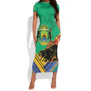 Afro Gabon Short Sleeve Bodycon Dress Black Panther With Coat Of Arms LT15