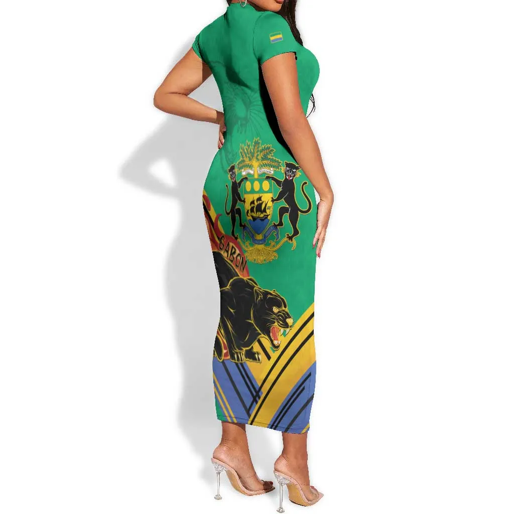 Afro Gabon Short Sleeve Bodycon Dress Black Panther With Coat Of Arms LT15