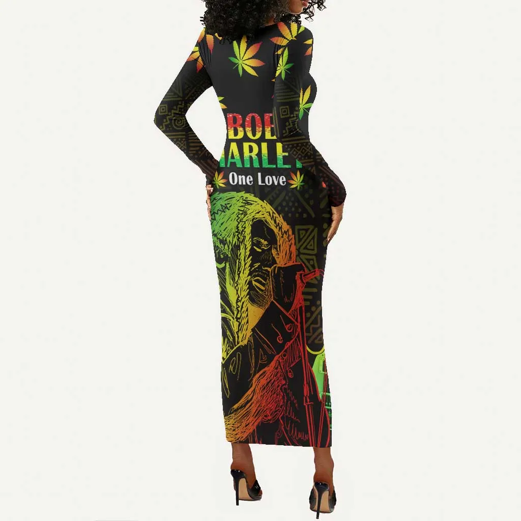 Afro Jamaica Legend Bob Day Long Sleeve Bodycon Dress One Love Jamaican Reggae African Pattern LT14