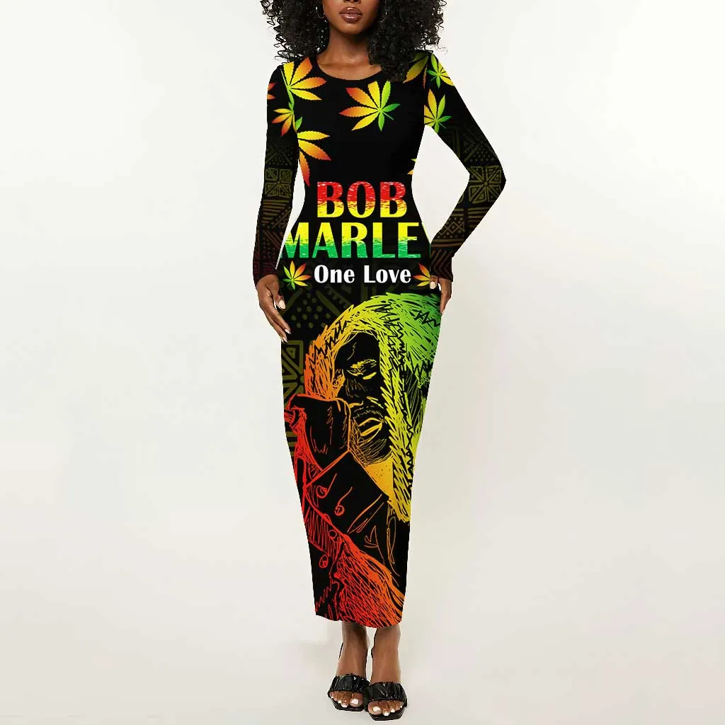 Afro Jamaica Legend Bob Day Long Sleeve Bodycon Dress One Love Jamaican Reggae African Pattern LT14