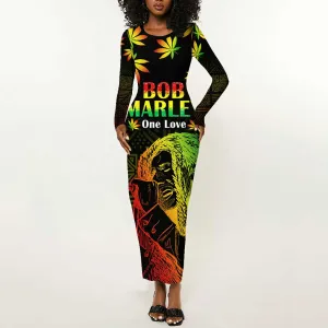 Afro Jamaica Legend Bob Day Long Sleeve Bodycon Dress One Love Jamaican Reggae African Pattern LT14