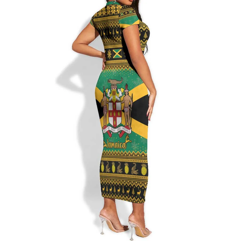 Afro-Jamaicans Short Sleeve Bodycon Dress Coat Of Arms - Merry Christmas LT15