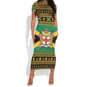 Afro-Jamaicans Short Sleeve Bodycon Dress Coat Of Arms - Merry Christmas LT15