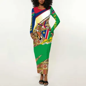 Afro Namibia Map Long Sleeve Bodycon Dress National Emblem and Cultural Motif Design TS04