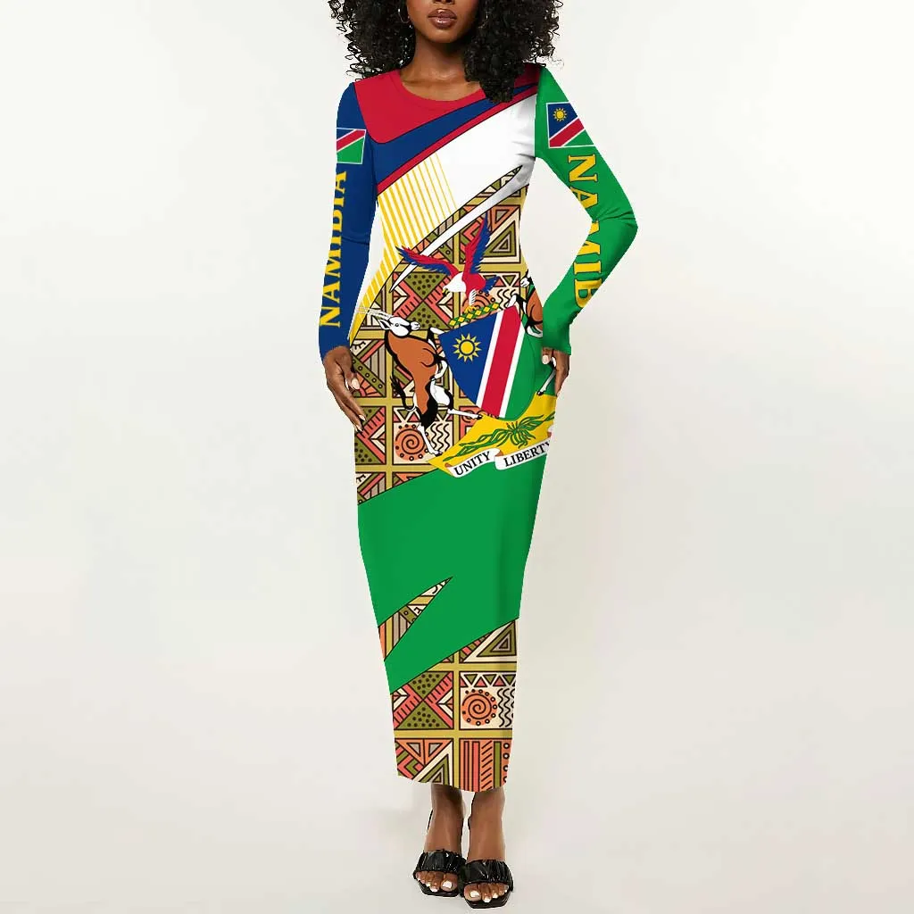 Afro Namibia Map Long Sleeve Bodycon Dress National Emblem and Cultural Motif Design TS04