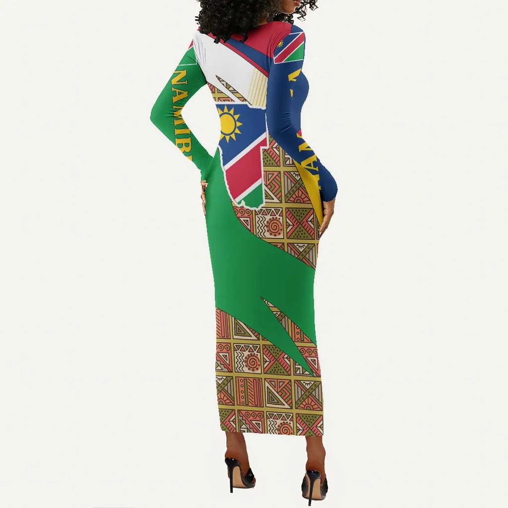Afro Namibia Map Long Sleeve Bodycon Dress National Emblem and Cultural Motif Design TS04