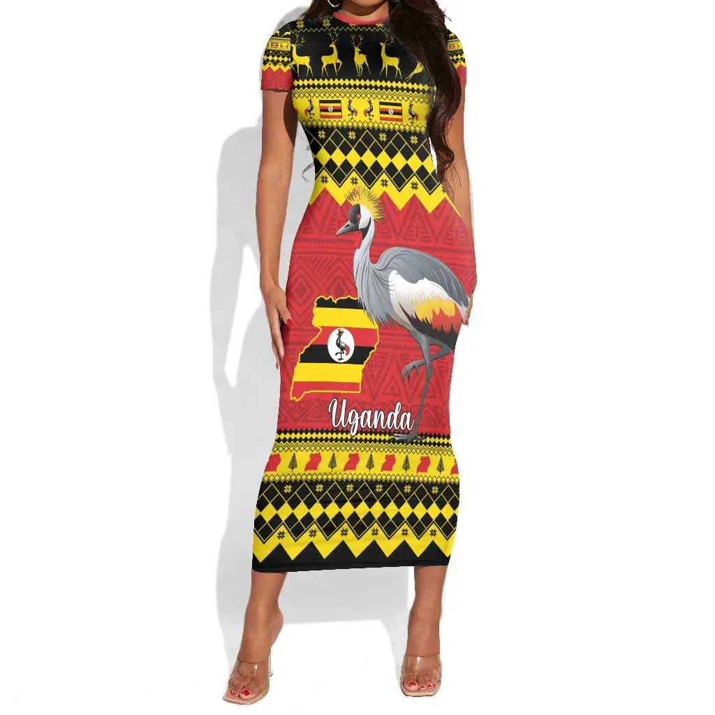 Afro Uganda Christmas Short Sleeve Bodycon Dress Grey Crowned Crane Sekukkulu Ennugi LT15
