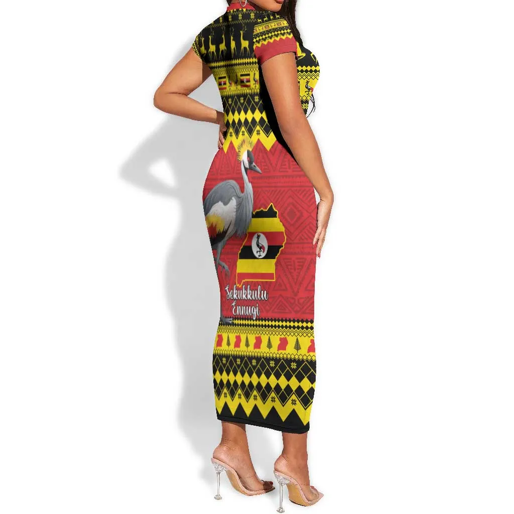 Afro Uganda Christmas Short Sleeve Bodycon Dress Grey Crowned Crane Sekukkulu Ennugi LT15