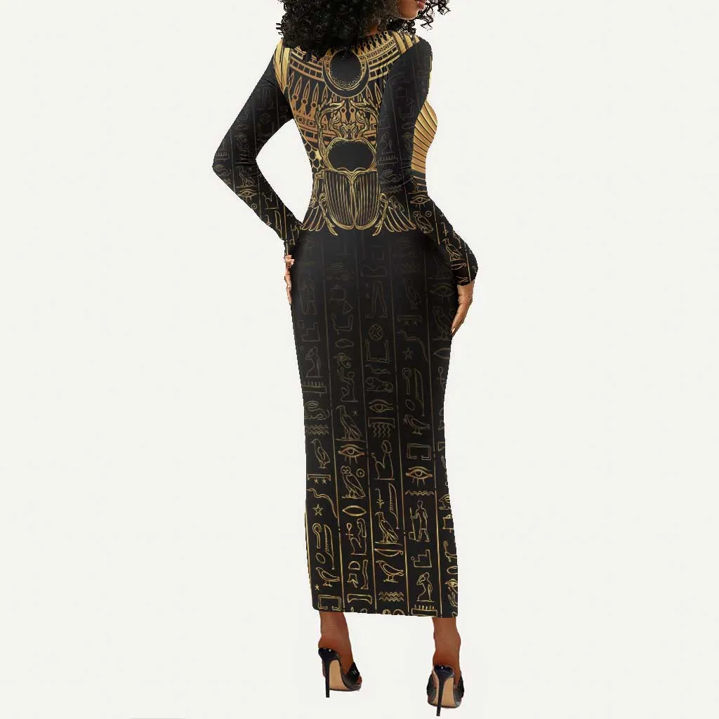 Ancient Egypt Long Sleeve Bodycon Dress Black Gold Scarab LT7