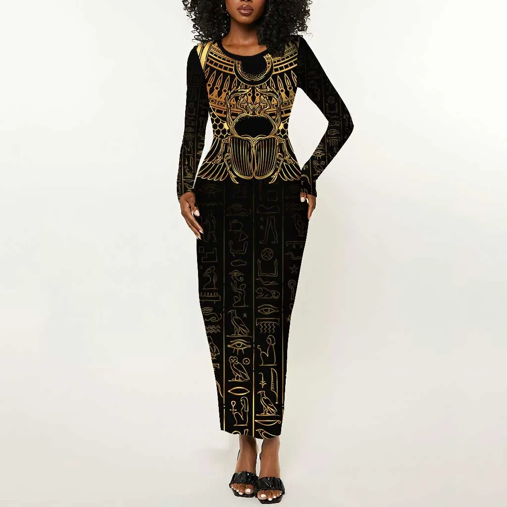 Ancient Egypt Long Sleeve Bodycon Dress Black Gold Scarab LT7