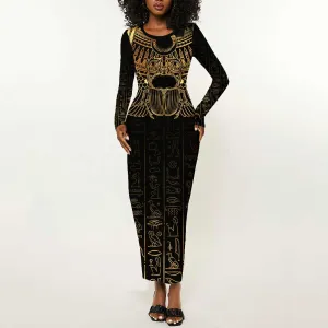 Ancient Egypt Long Sleeve Bodycon Dress Black Gold Scarab LT7