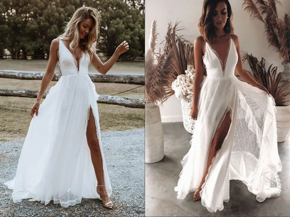 Anneprom Boho Chiffon A line V neck Lace Spaghetti Straps Beach Wedding Dresses APW0345