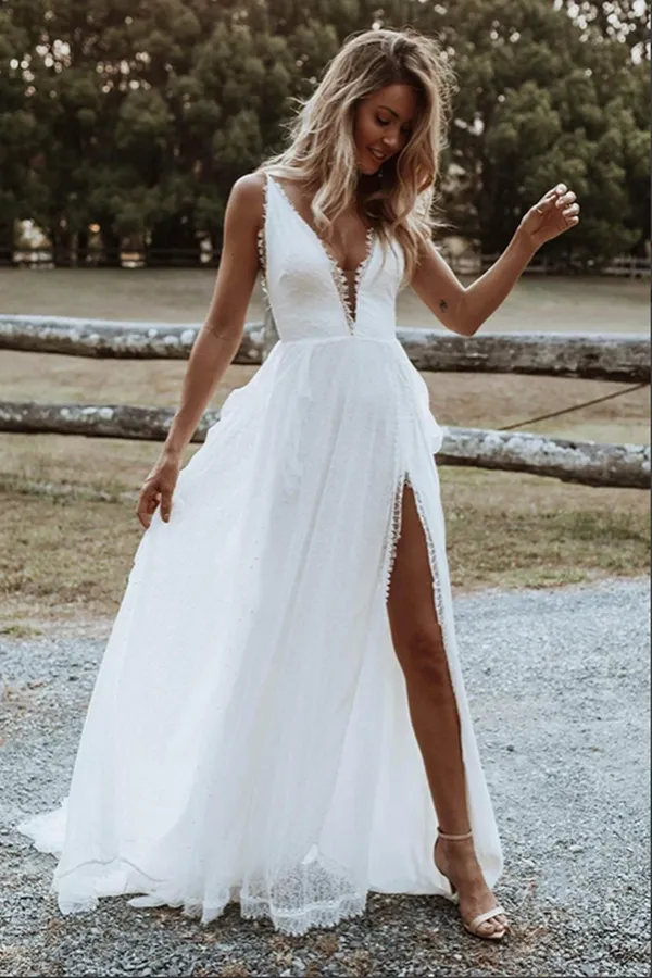 Anneprom Boho Chiffon A line V neck Lace Spaghetti Straps Beach Wedding Dresses APW0345