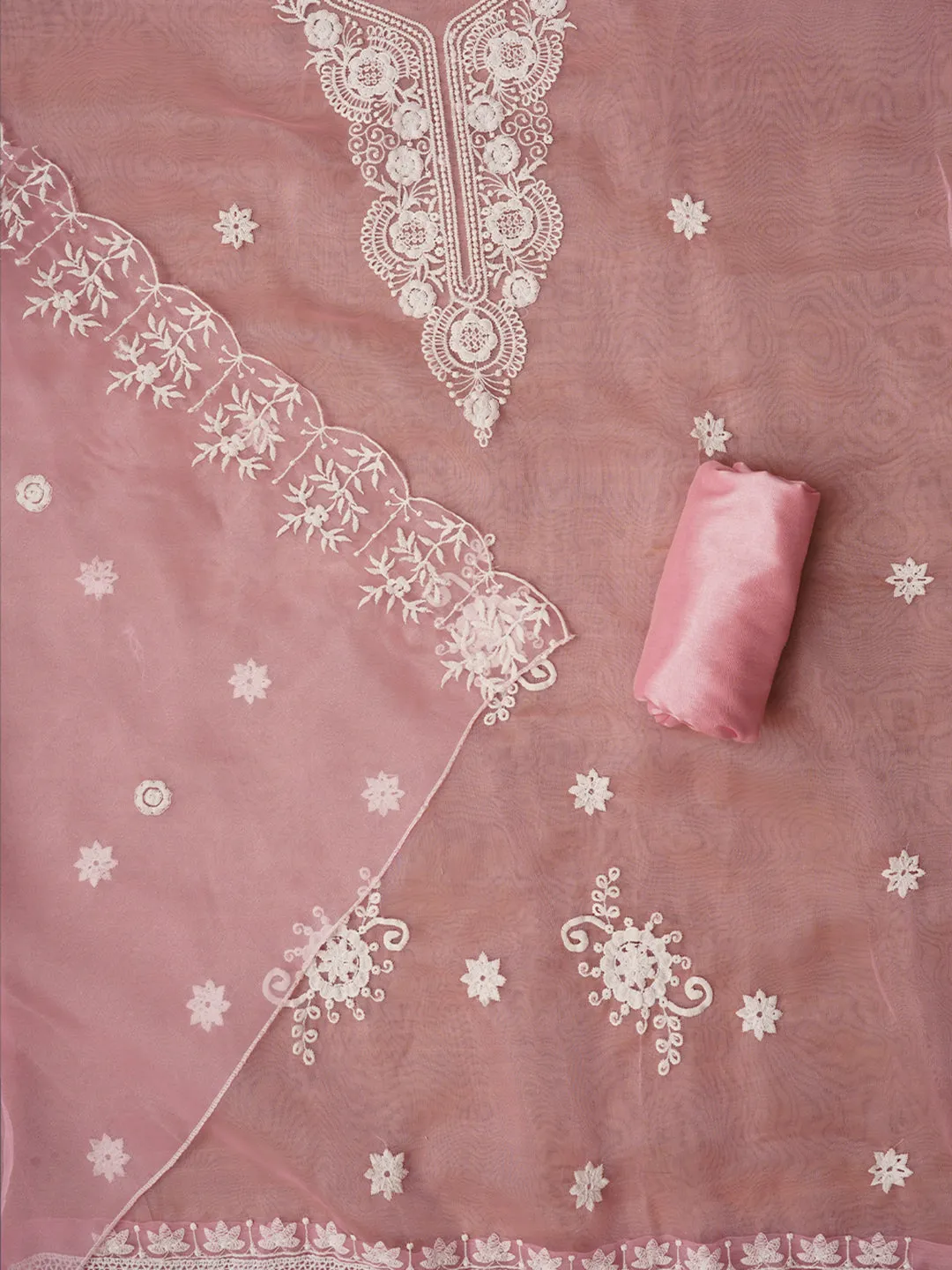 Baby Pink Thread Embroidered Organza Dress Material with Dupatta