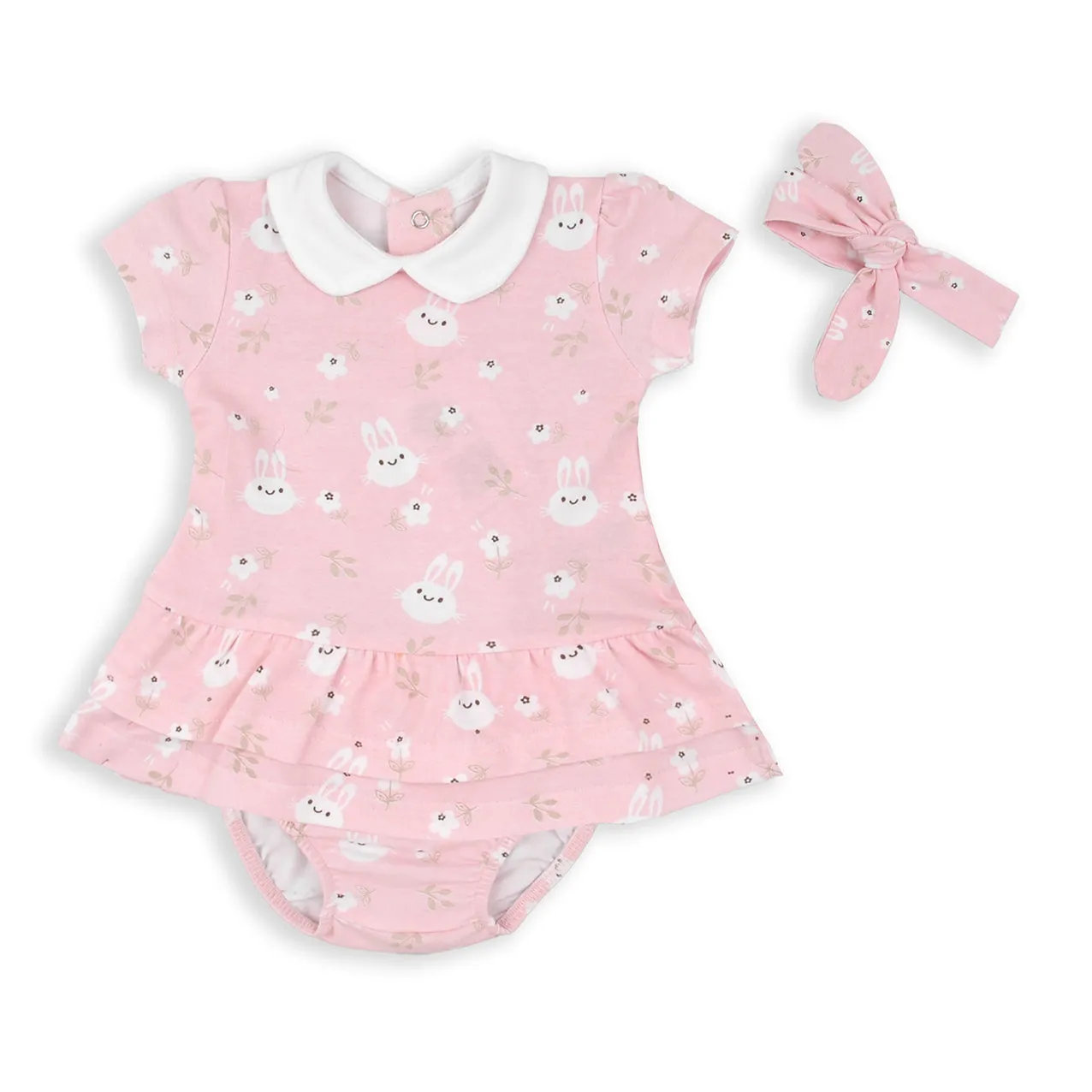 Babybol Bunny Print Dress, Pants & Headband Set