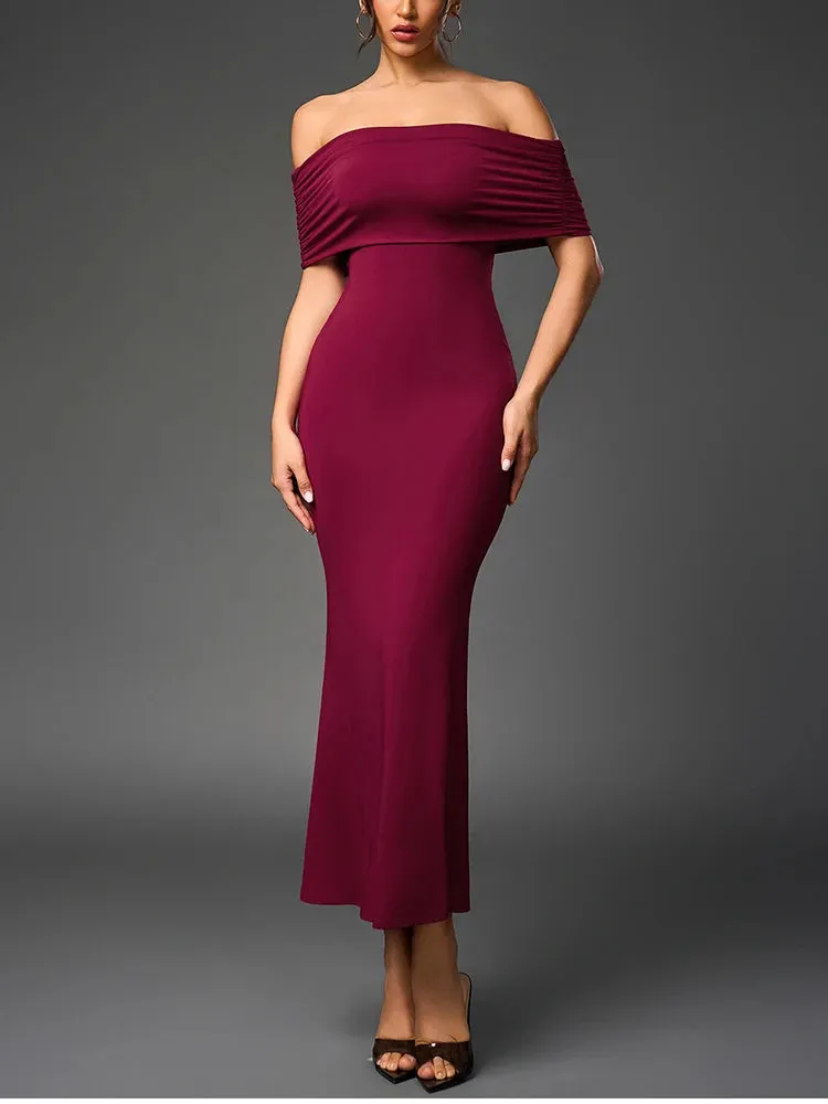 Backless Off Shoulder Double Layers Ruched Dress