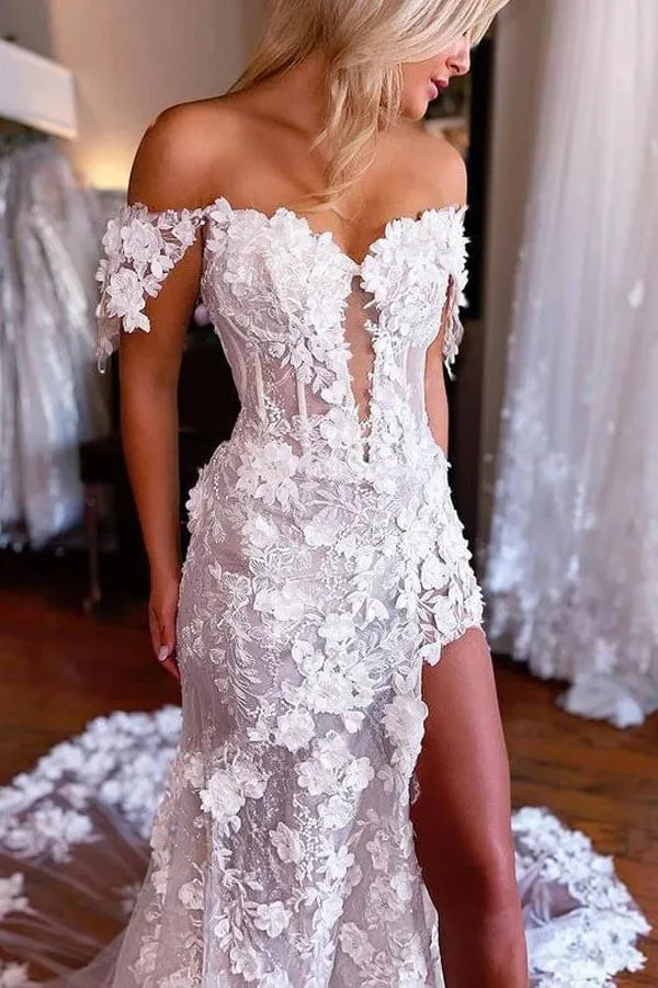 Beautiful Lace Mermaid 3D Flowers Boho Wedding Dresses With Slit, MW1006