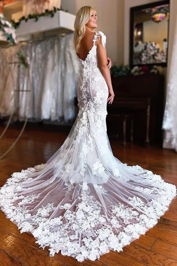 Beautiful Lace Mermaid 3D Flowers Boho Wedding Dresses With Slit, MW1006