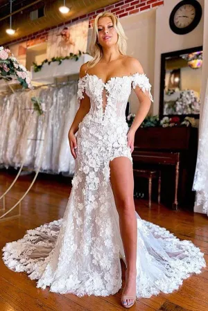 Beautiful Lace Mermaid 3D Flowers Boho Wedding Dresses With Slit, MW1006