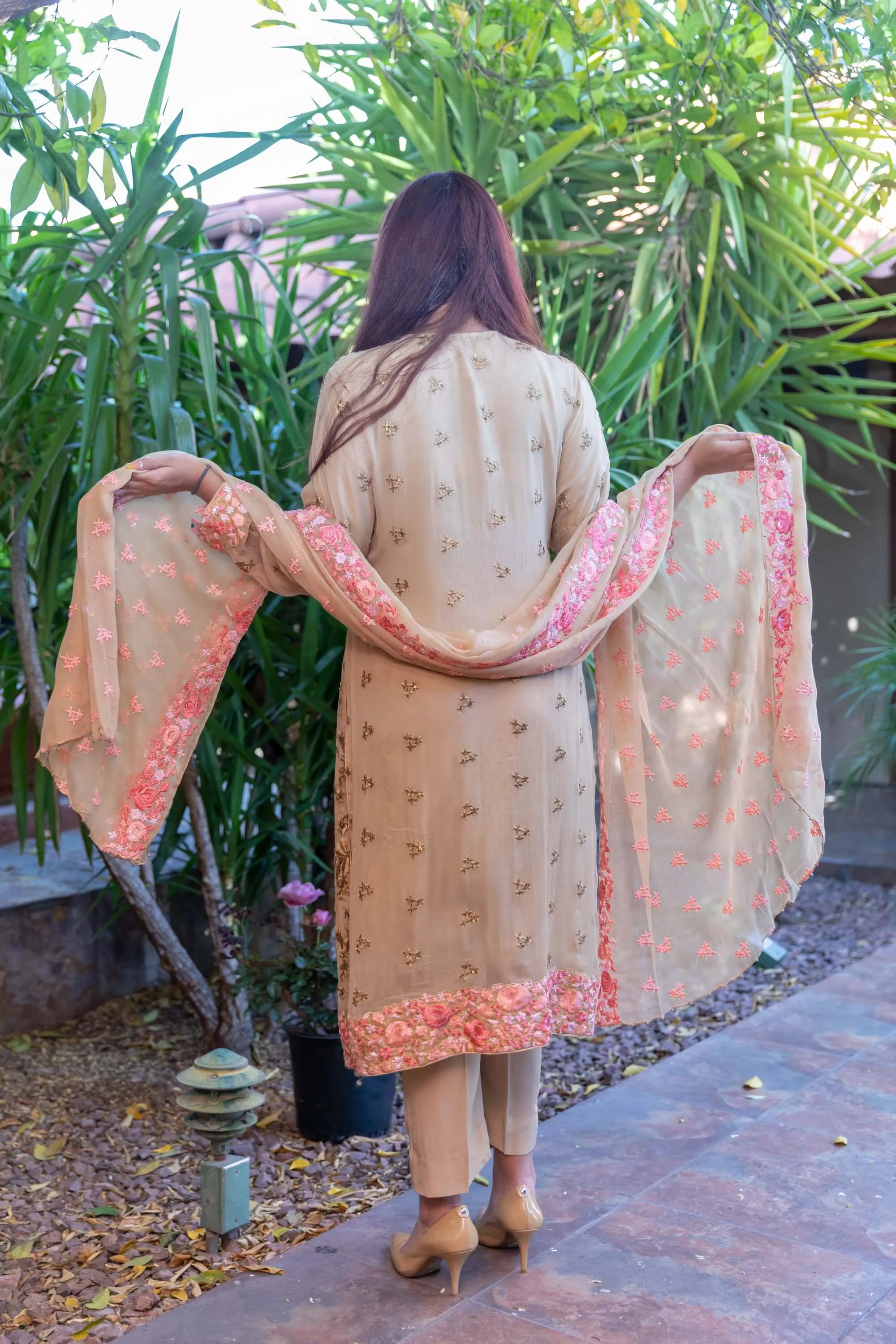 Beige Salwar Kameez - Suit with Pink Roses