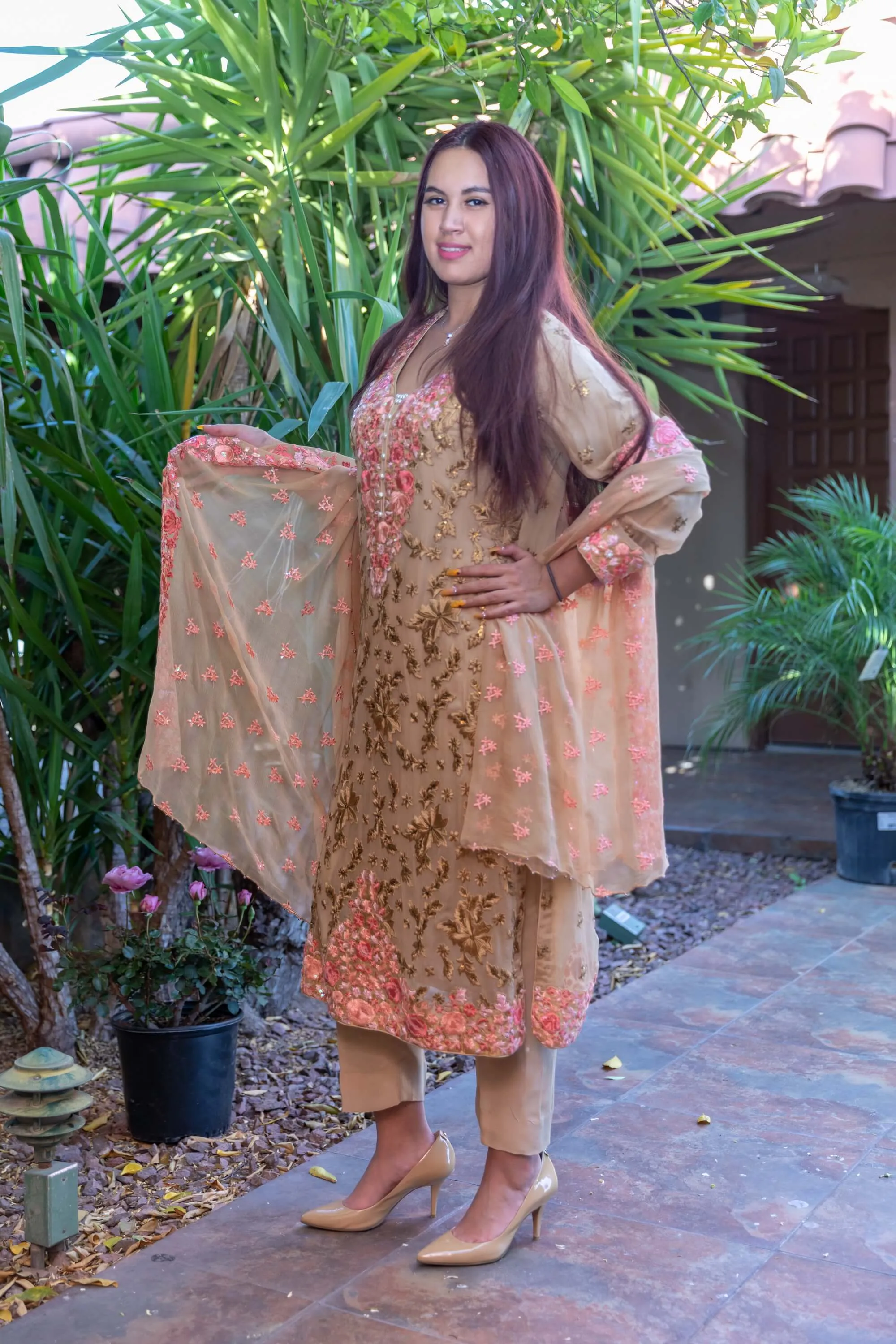 Beige Salwar Kameez - Suit with Pink Roses