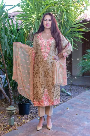 Beige Salwar Kameez - Suit with Pink Roses