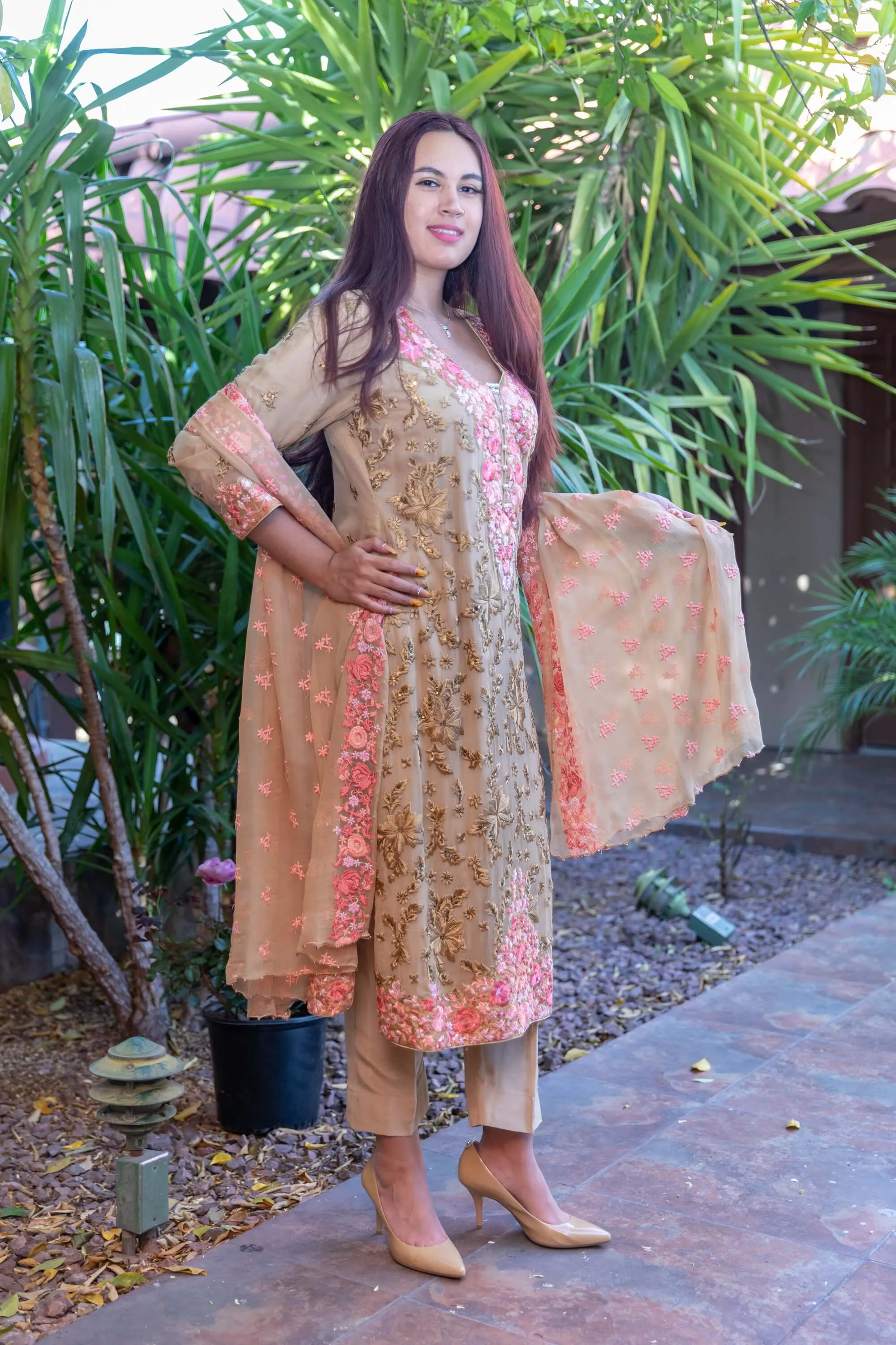 Beige Salwar Kameez - Suit with Pink Roses