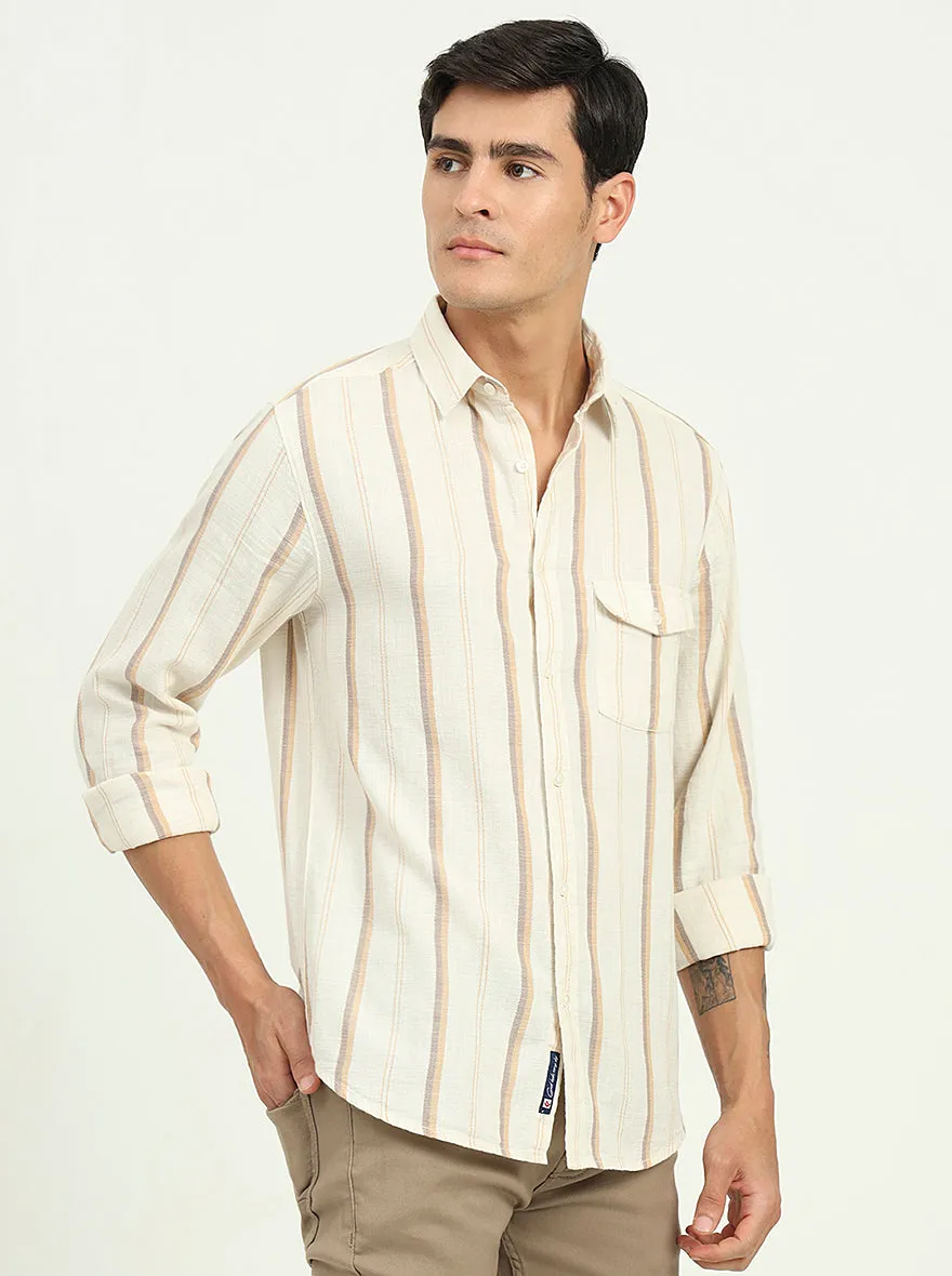 Beige Striped Slim Fit Casual Shirt | Greenfibre