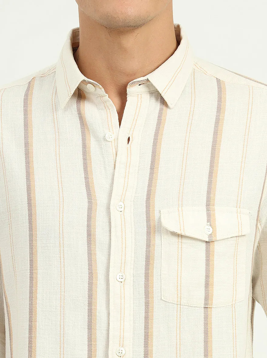 Beige Striped Slim Fit Casual Shirt | Greenfibre